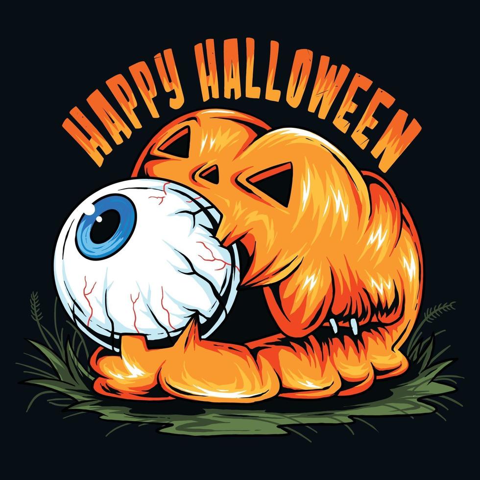 halloween pumpkin with cute eyeball in its mouth vector