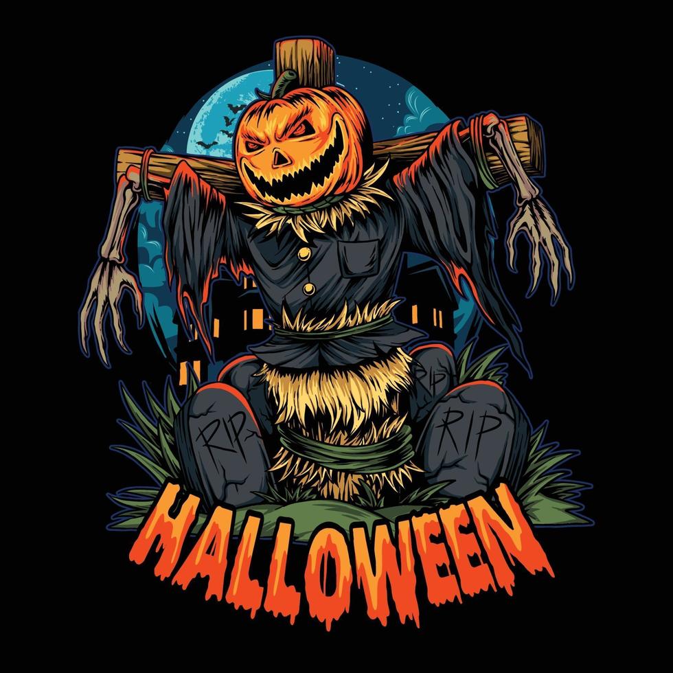 halloween pumpkin scarecrow in the middle of the cemetery vector