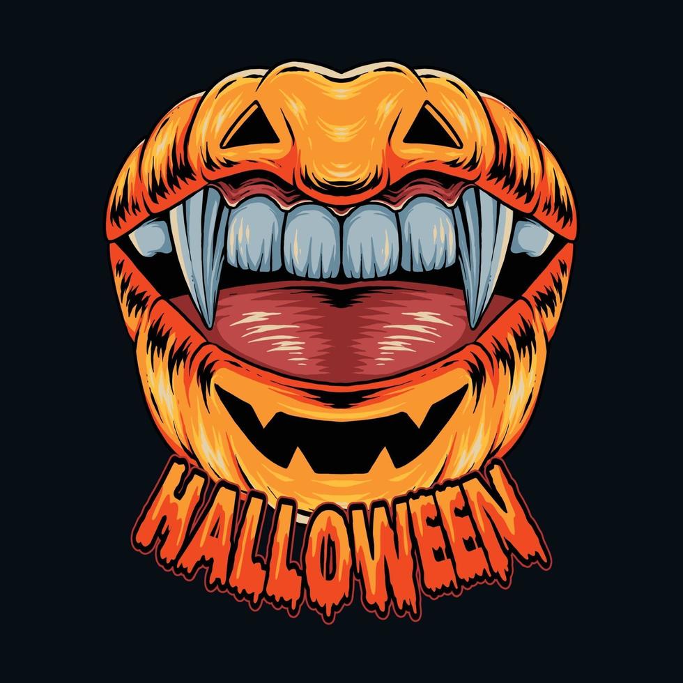 calabaza de halloween en forma de labios con bonitos dientes de vampiro vector