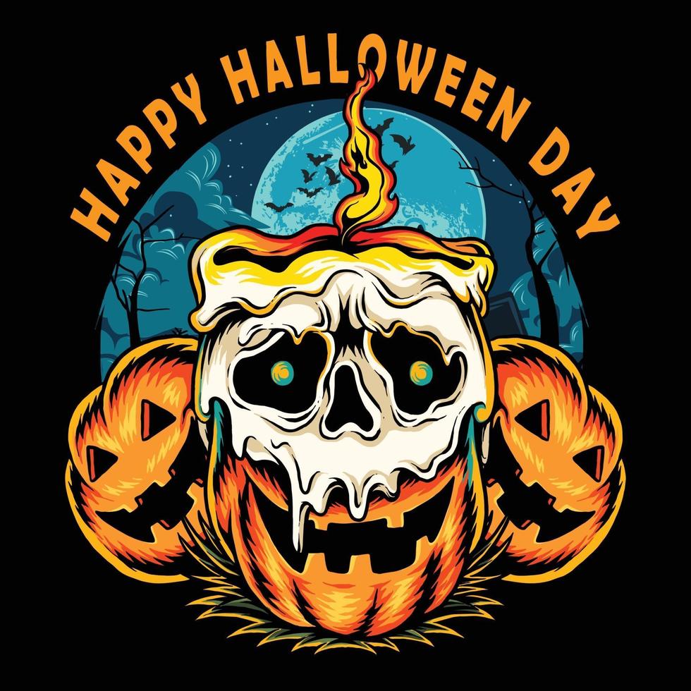 halloween pumpkin with skull shaped candle burning with flame vector