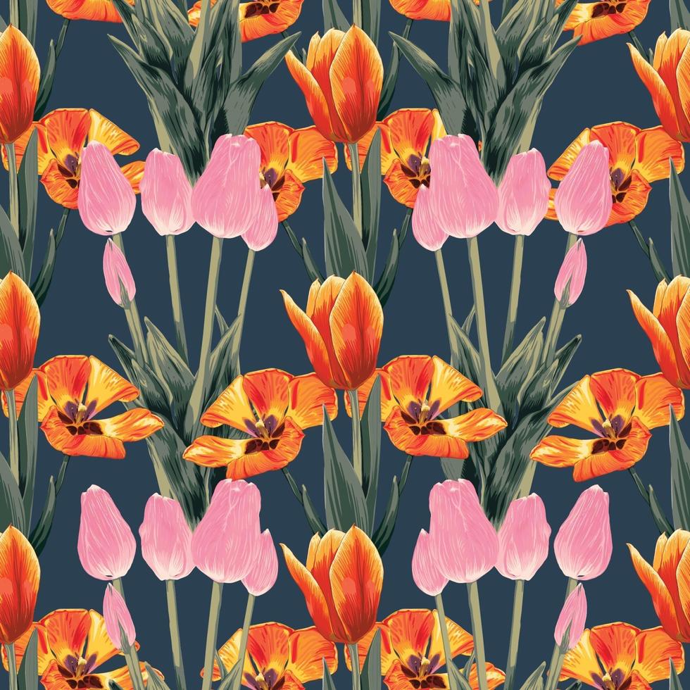 Seamless pattern floral tulip flowers abstract vintage backgground. vector