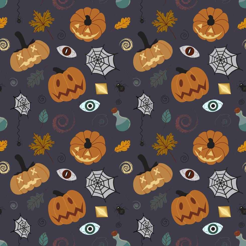 pumpkin pattern with leaves, cobwebs, spiders vector