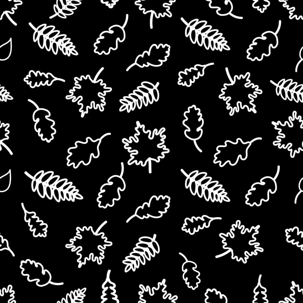 pattern of linear silhouettes of white leaves on black background vector