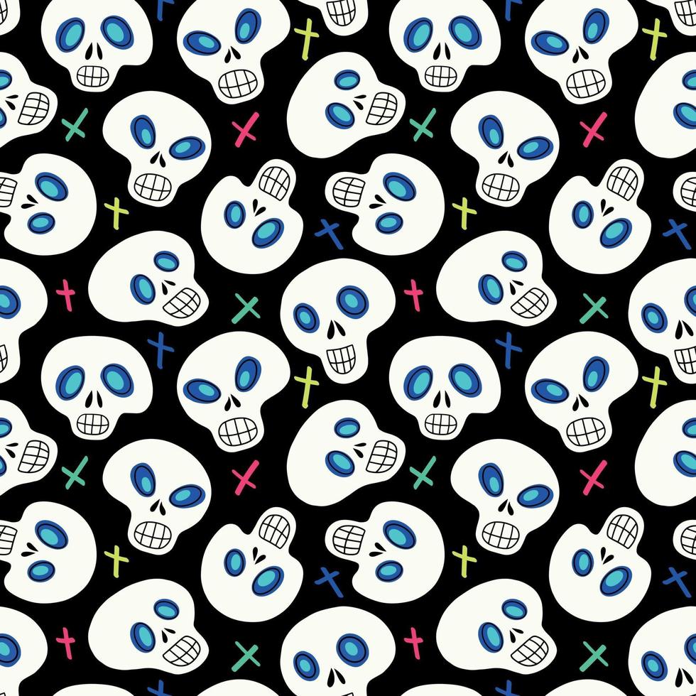 Seamless pattern with white skulls and multicolored crosses vector