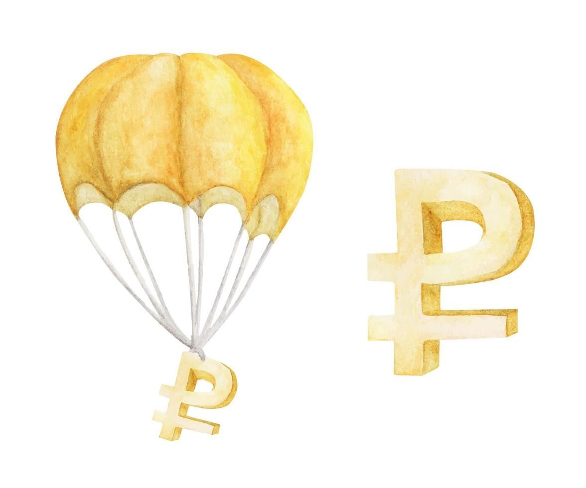 Hot air balloon with Golden ruble. Watercolor illustration. vector
