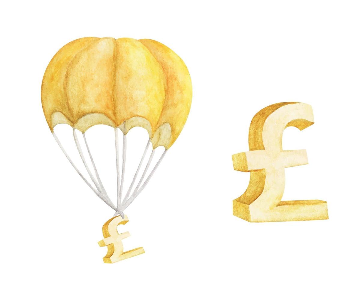 Hot air balloon with Golden Pound. Watercolor illustration. vector