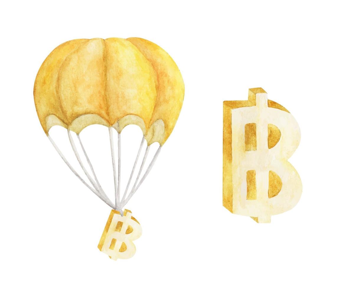 Hot air balloon with Golden Baht. Watercolor illustration. vector