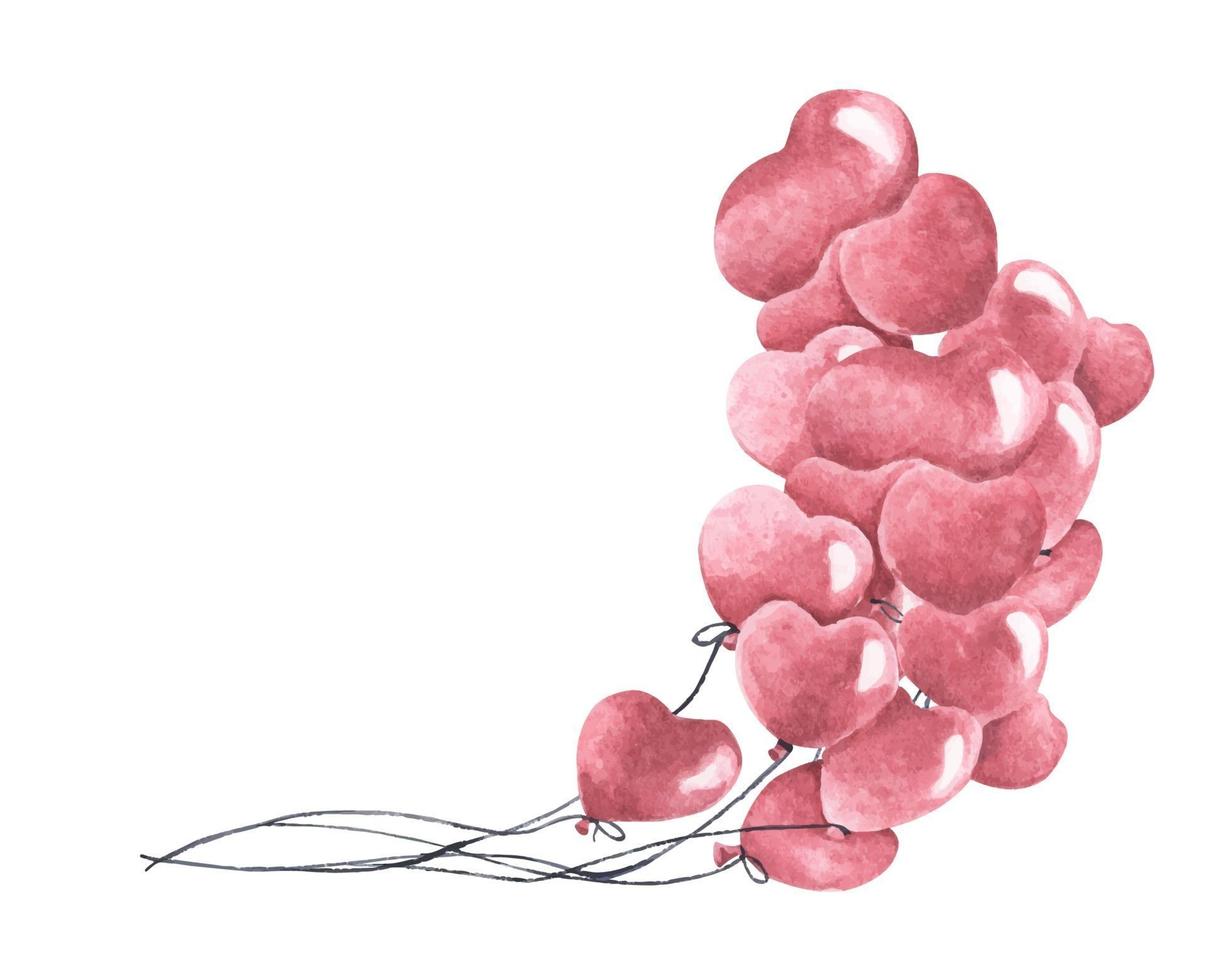 Watercolor painting of Bunch of heart shaped balloons. vector
