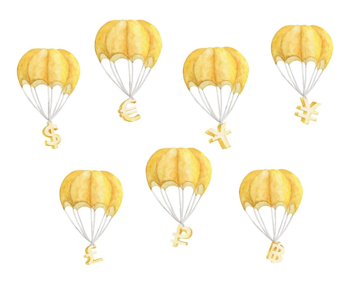 conjunto de globo de aire caliente con símbolos de moneda. Ilustración acuarela. vector