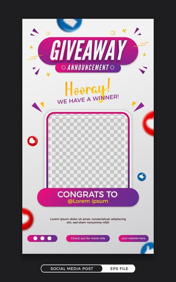 Giveaway winner announcement social media story post template vector