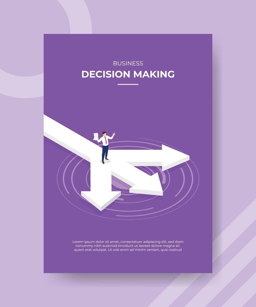 business decision making men hold paper standing on three arrow vector