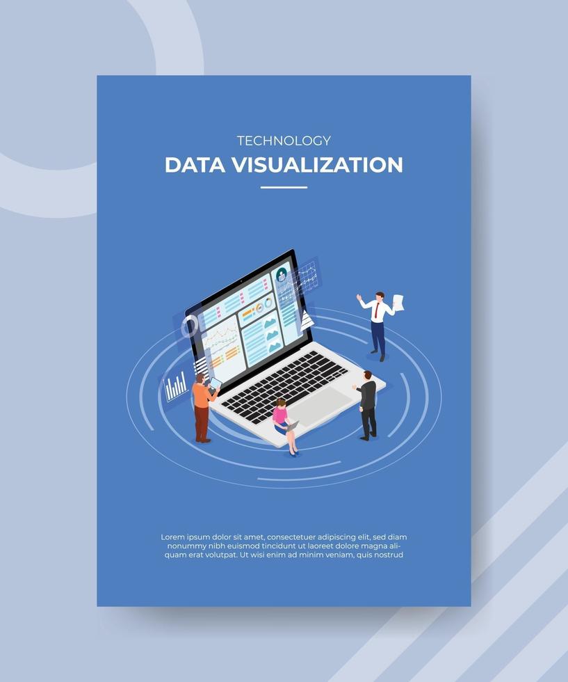 visualización de datos de tecnología personas de pie sentadas en la computadora portátil vector