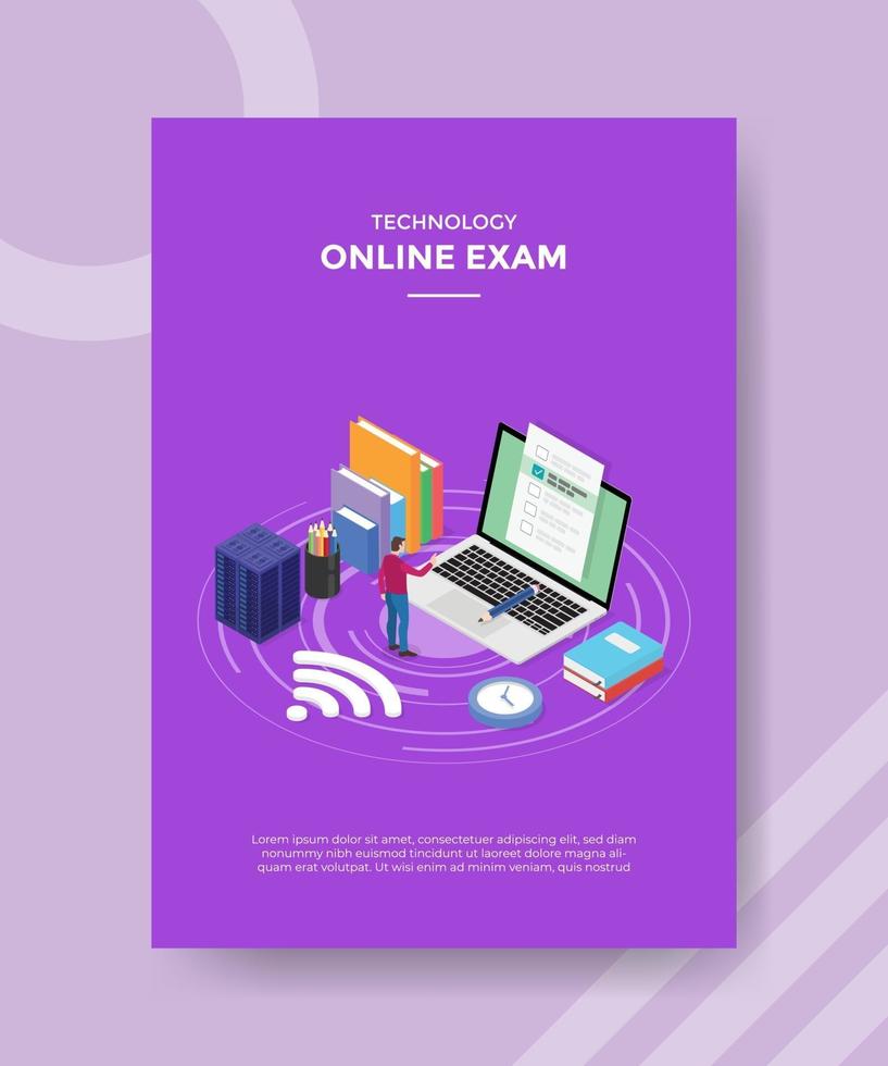 online exam concept men standing front big laptop vector