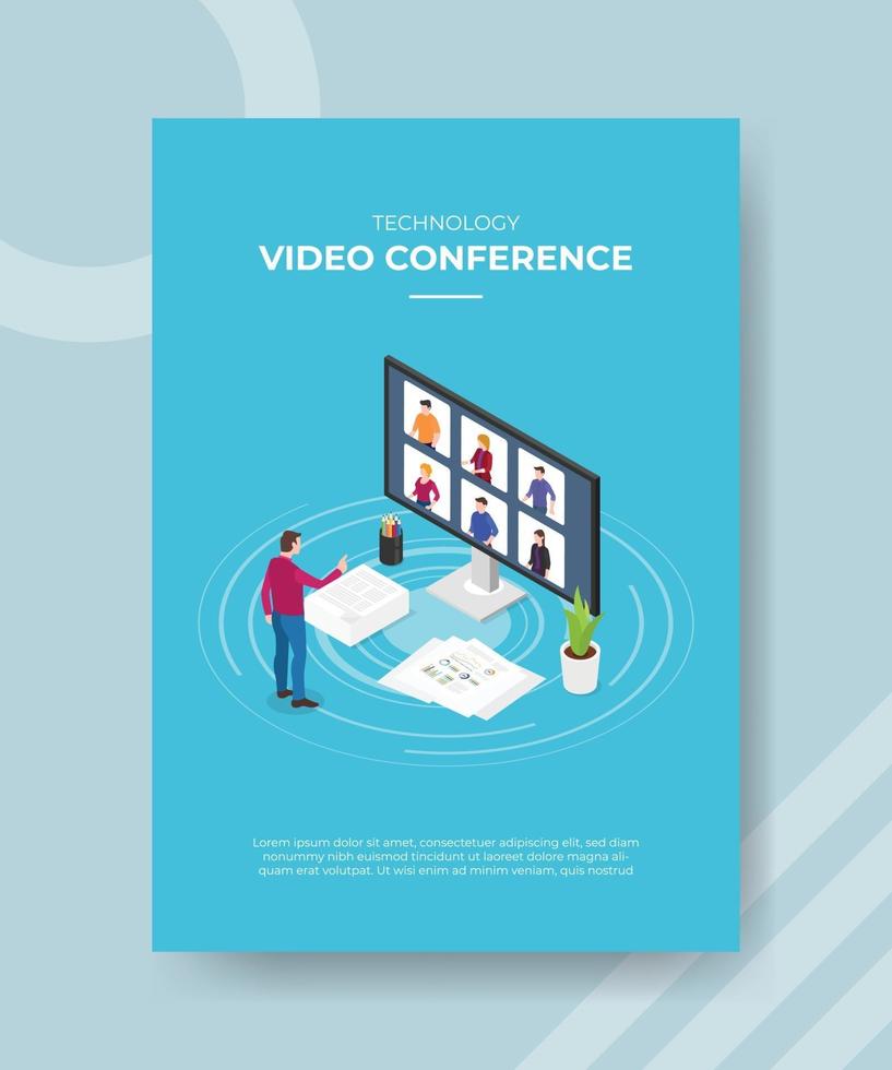 technology video conference men standing front big computer vector