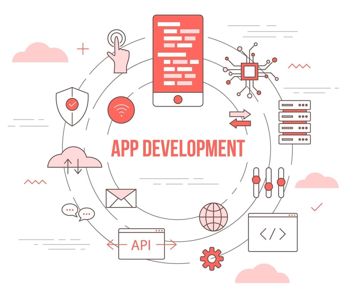 concepto de tecnología de desarrollo de aplicaciones con plantilla de conjunto de iconos vector