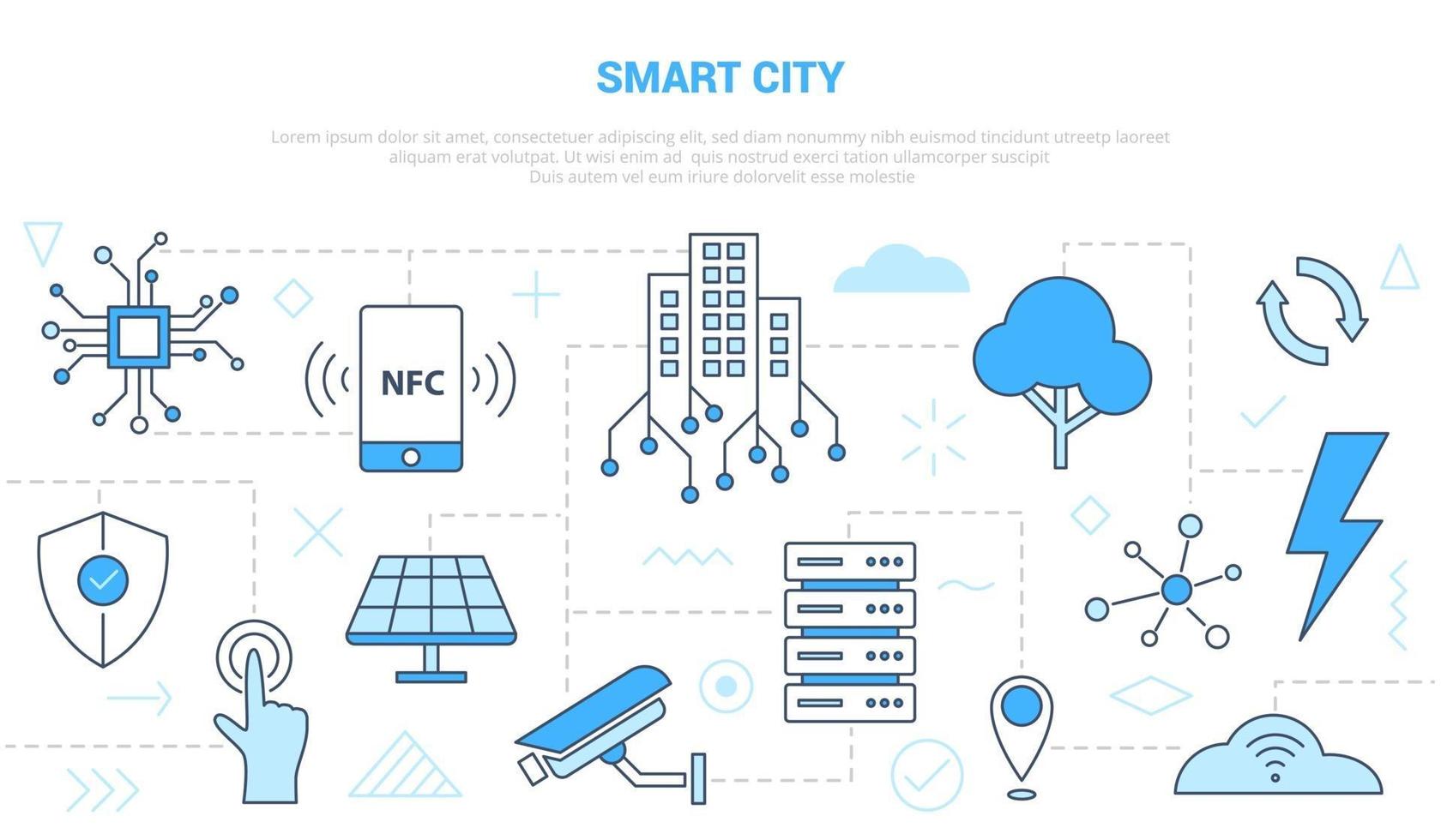 concepto de ciudad inteligente con banner de plantilla de conjunto de estilo de línea de icono vector