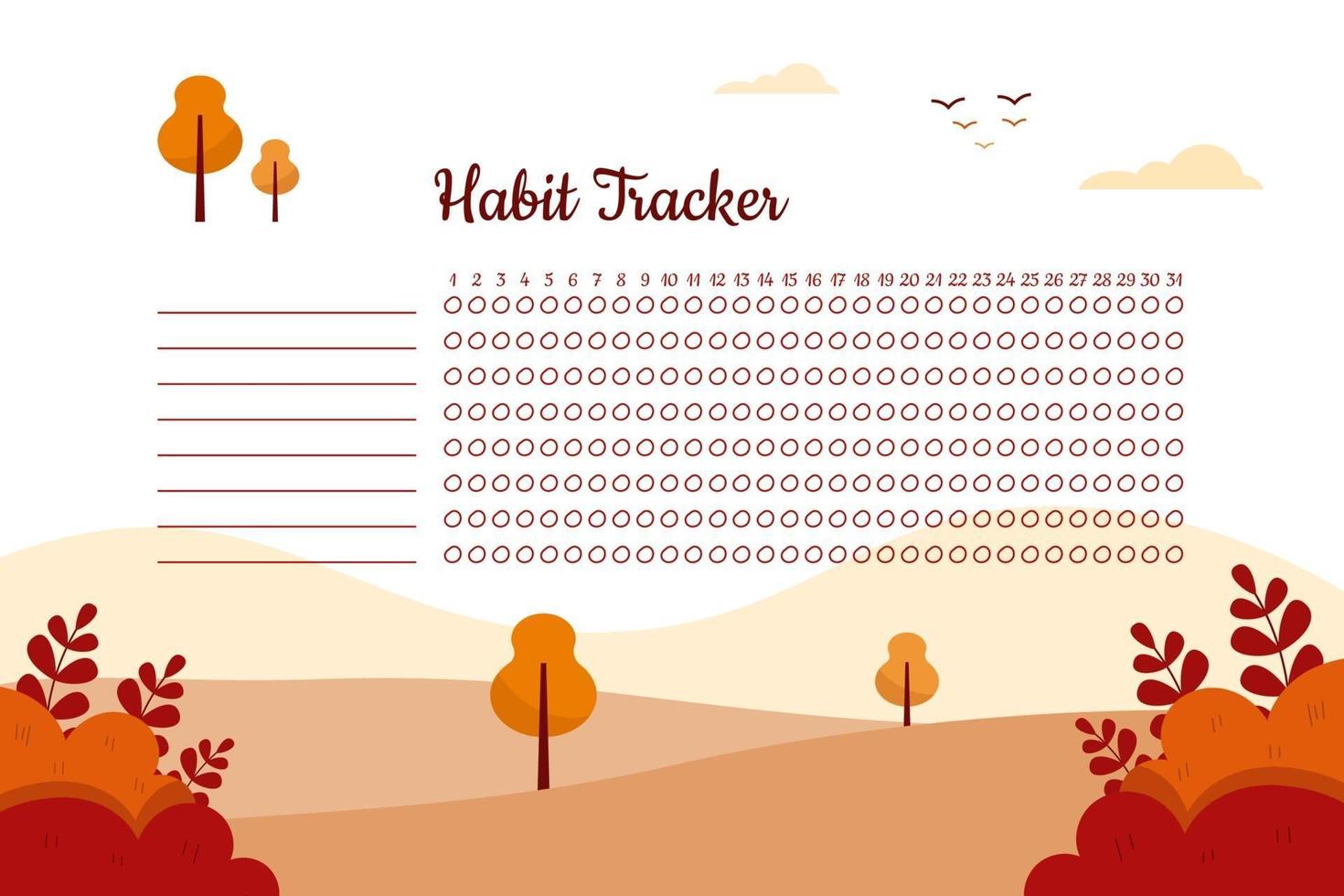 Habit tracker with autumn landscape background in flat design vector