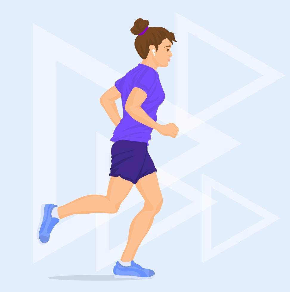 mujer, jogging, en, pantalones cortos, con, auriculares vector