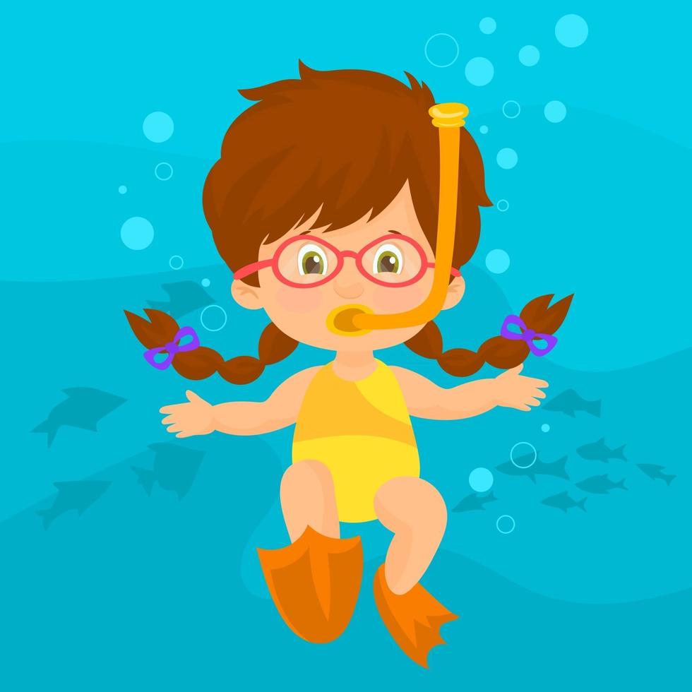 Girl with snorkel diving at the bottom of the sea vector