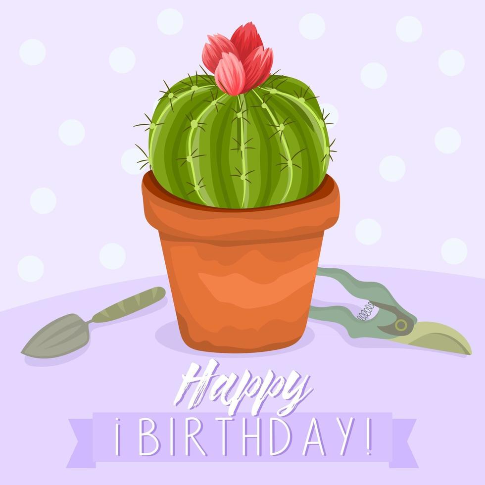 Cactus pot with flowers, greeting card vector