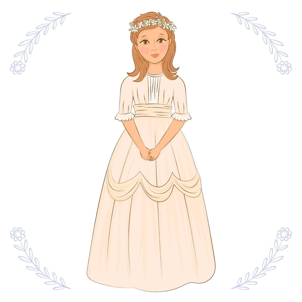 Girl dressed in white to receive her first Catholic communion vector