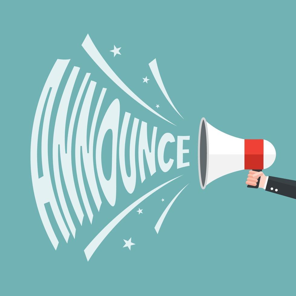 Hand holding megaphone with announce speech. Vector illustration