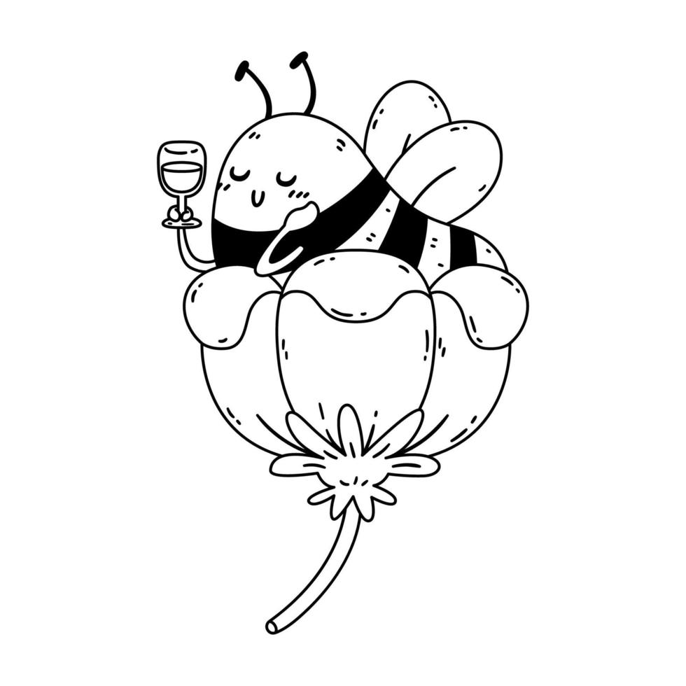 Honey bee in flower with wineglass of nectar. Striped insect resting. vector