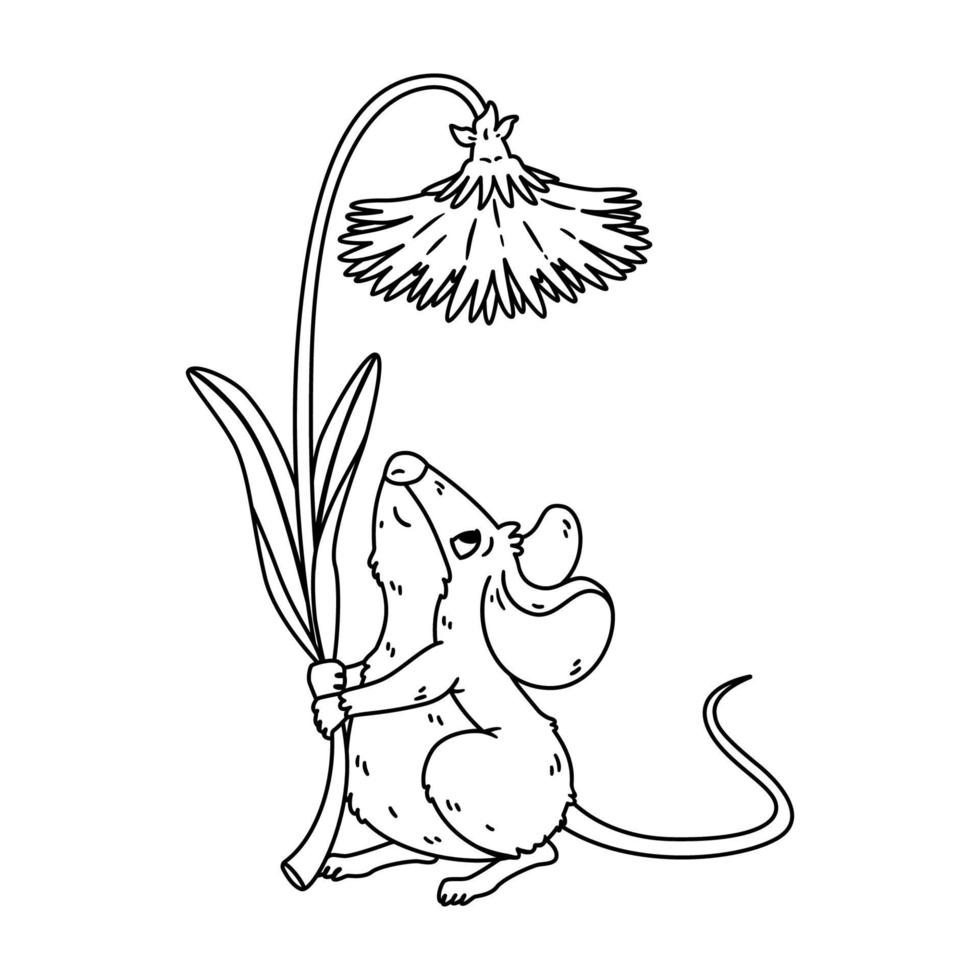 Little forest mouse holding dandelion. Meadow vole with flower. vector