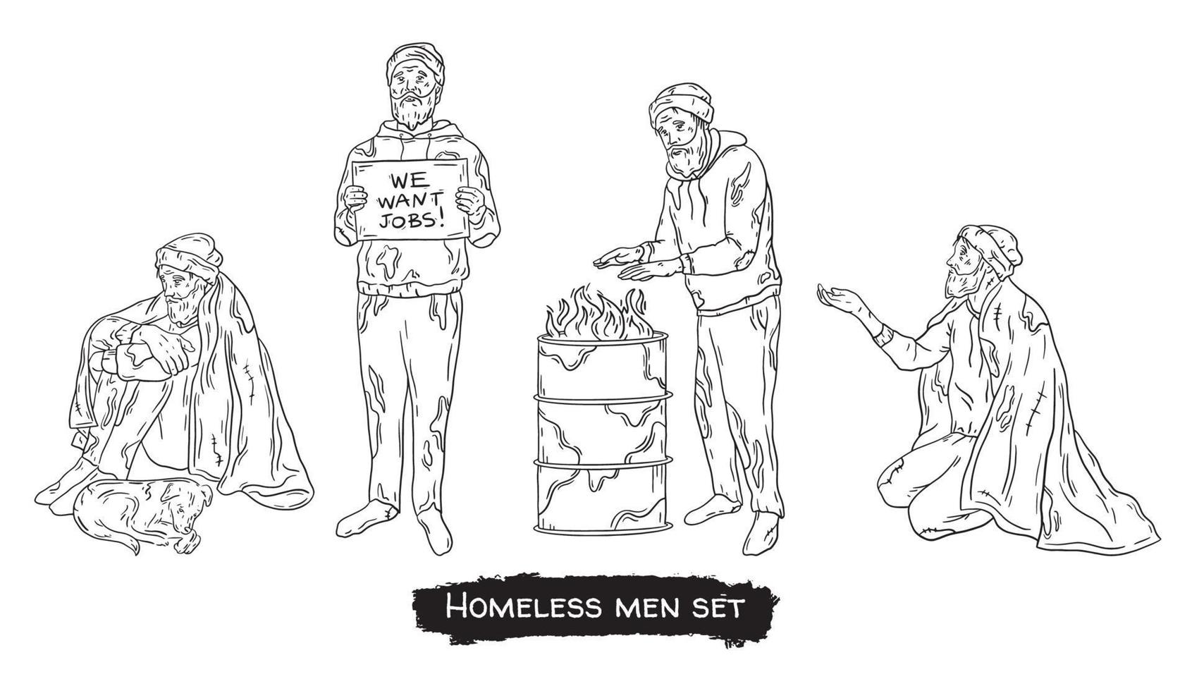 A homeless man set, a poor tramp on the street vector