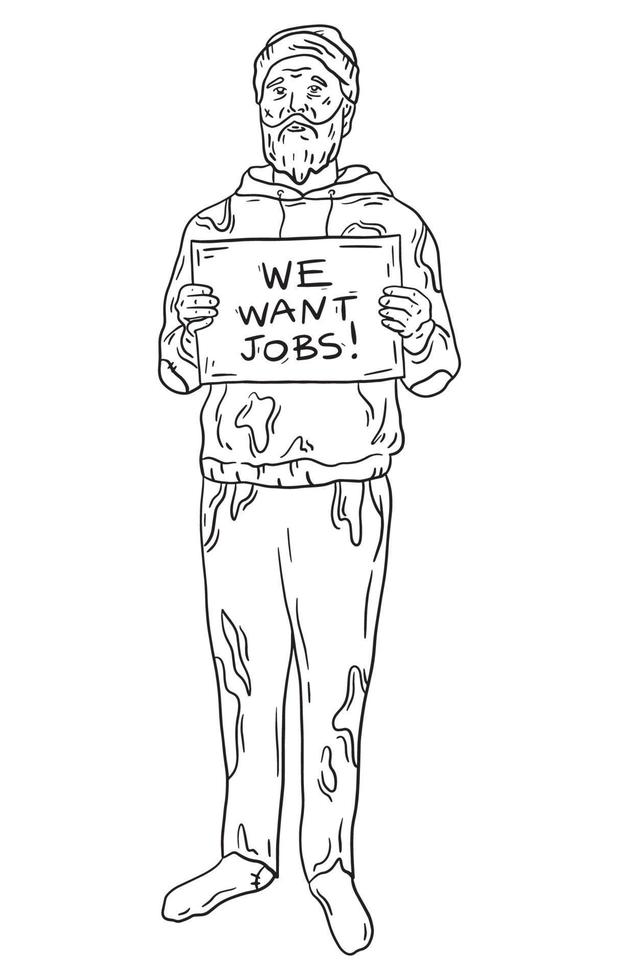 A homeless man holds a sign asking for a job. vector