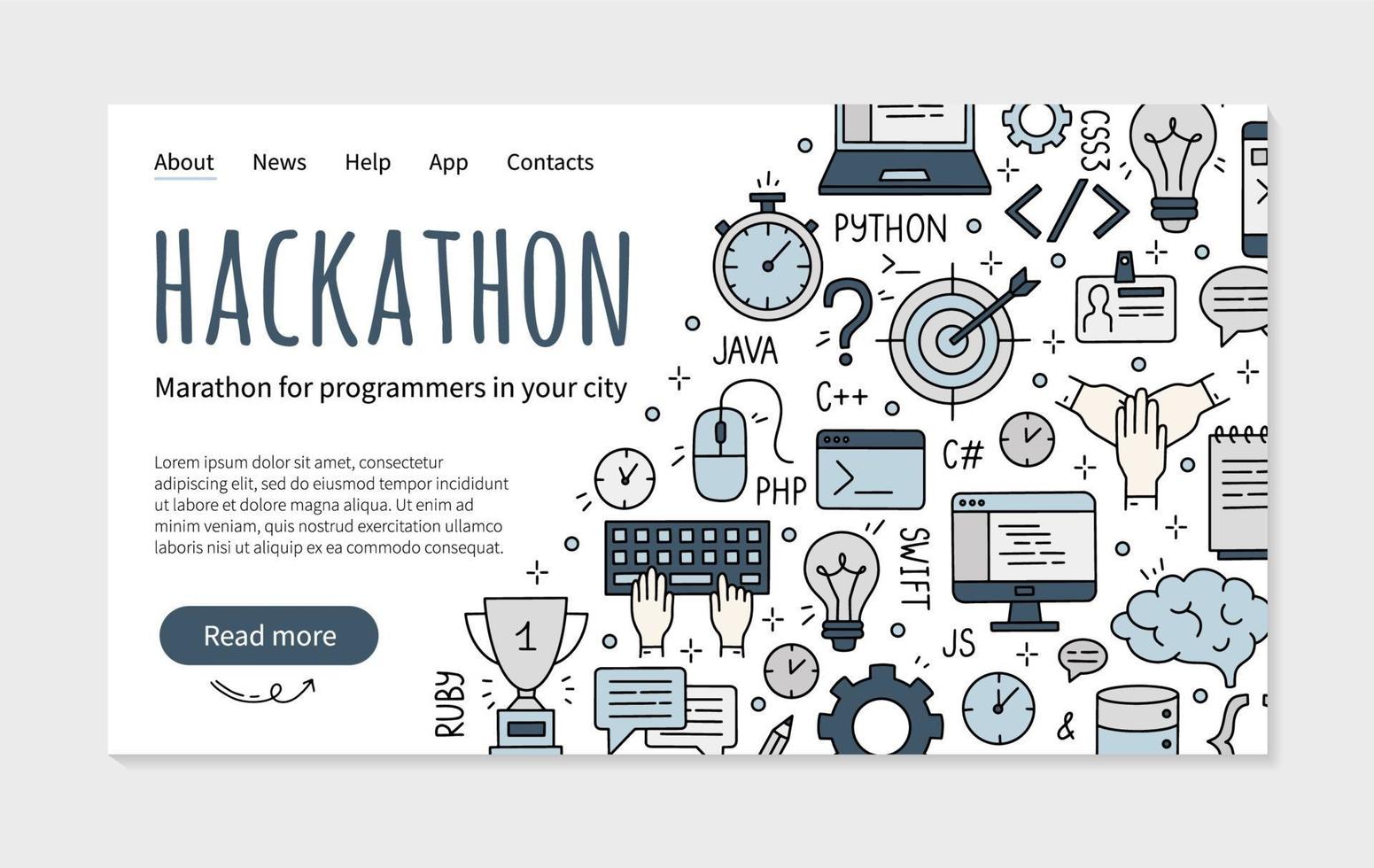 página de inicio de hackathon o datathon en estilo doodle vector