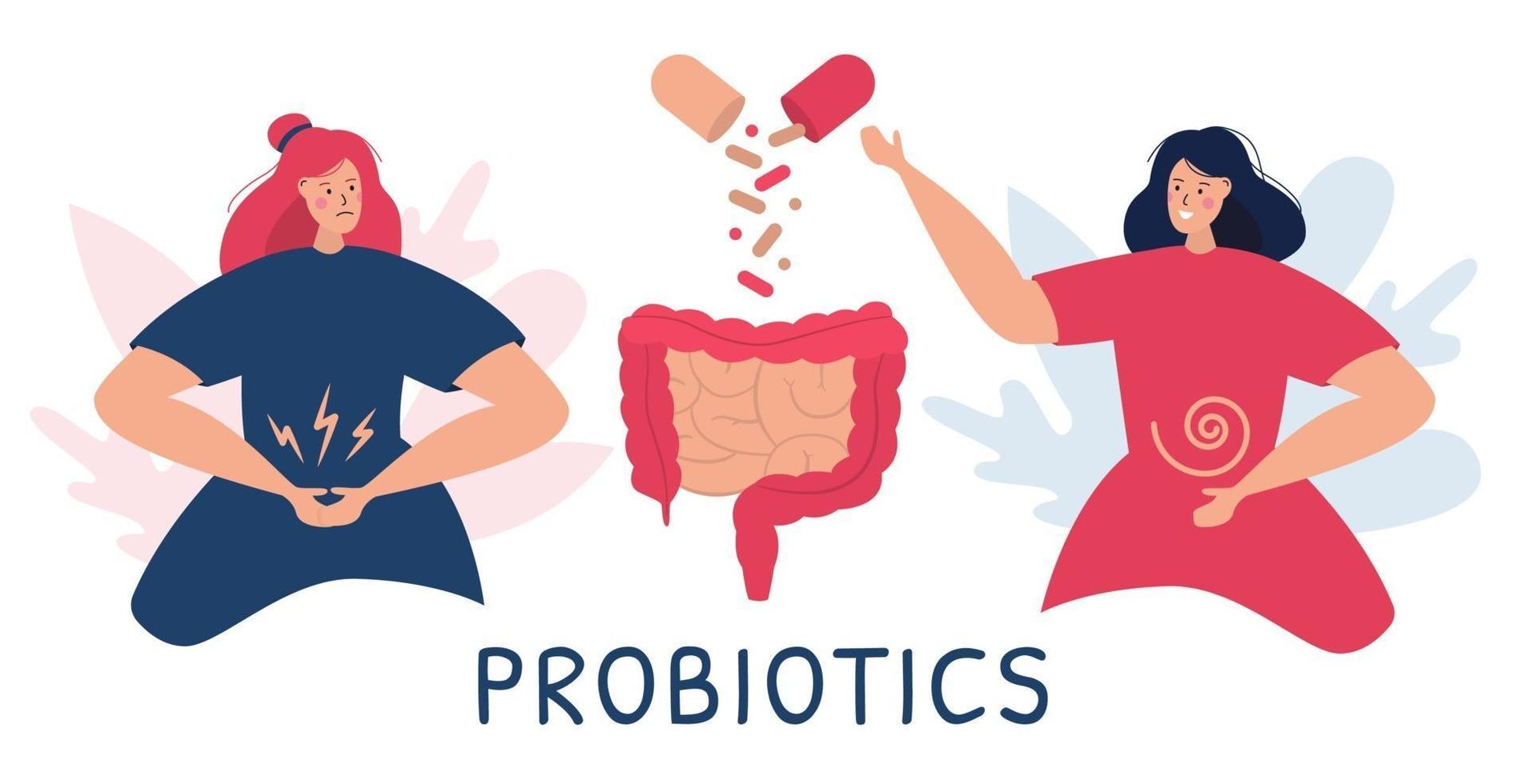 A couple of women take probiotic pills. vector