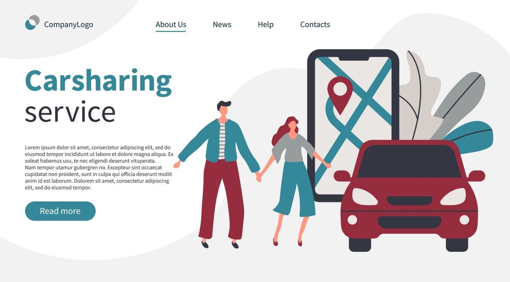 Young couple gets use car sharing app landing page vector