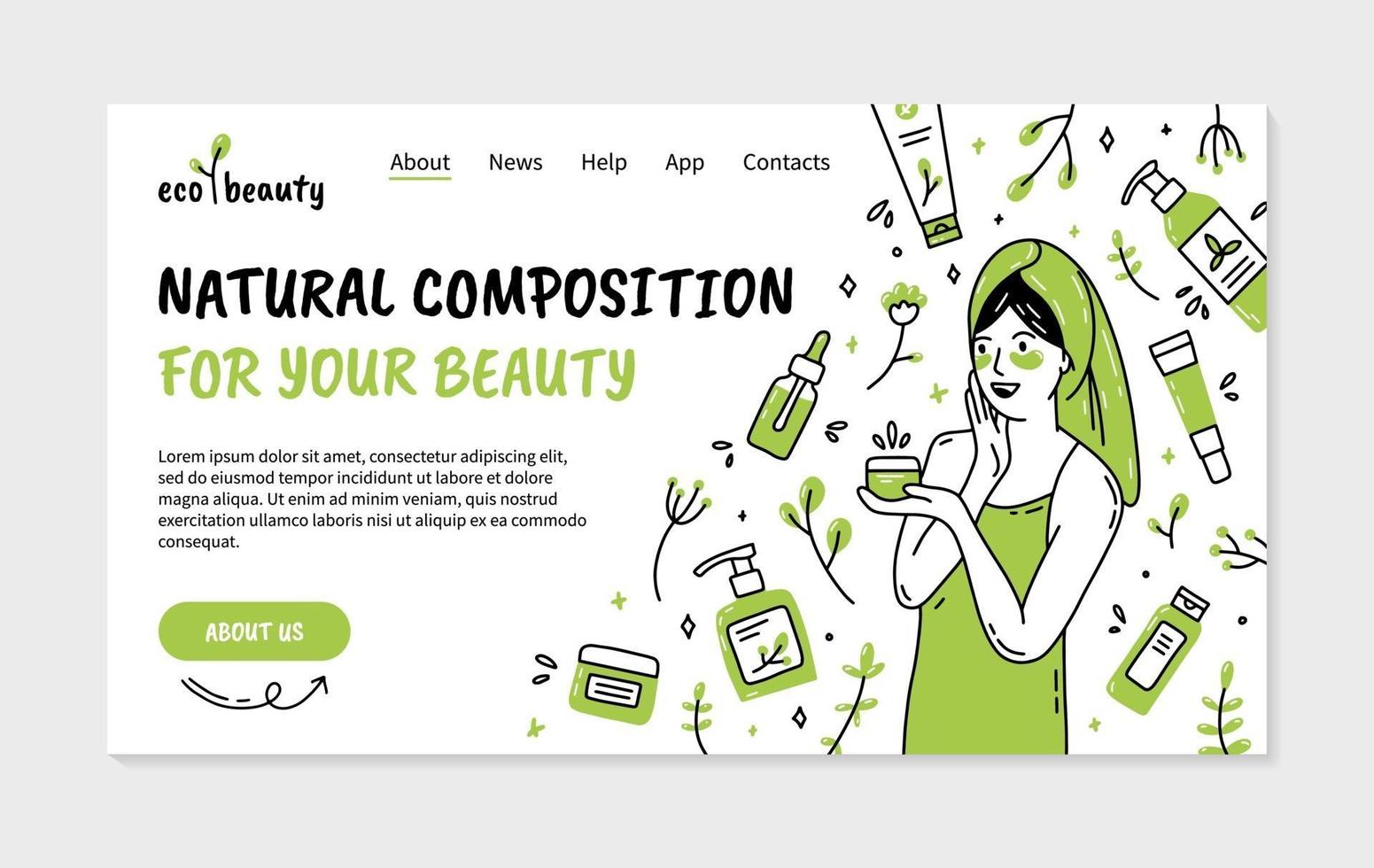Eco natural cosmetics landing page in Doodle style vector