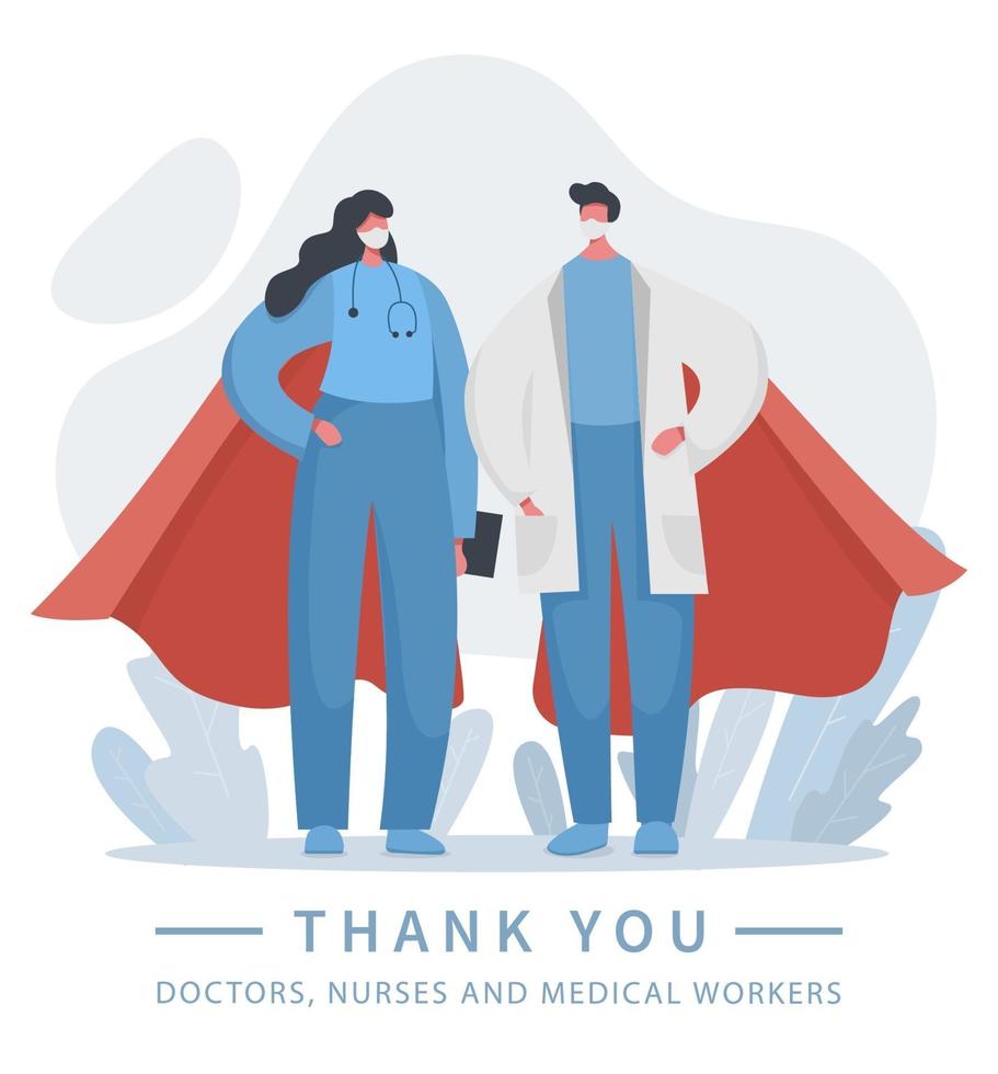 A doctor and a nurse are superheroes in capes vector