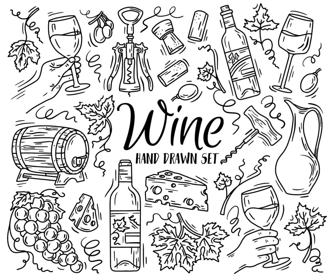 Vector linear set with wine and cheese in Doodle sketch style