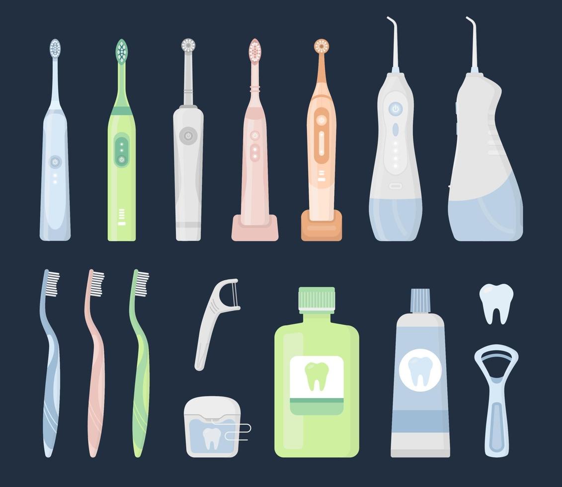 productos de higiene dental limpia, herramientas para el cuidado bucal vector