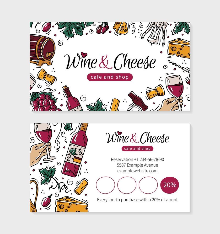 vino y queso es una tarjeta de visita para un restaurante o cafetería vector