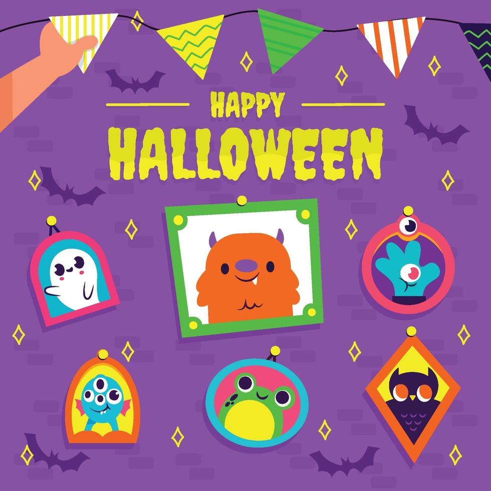 Hand Decorating Wall With Halloween Accessories Concept vector