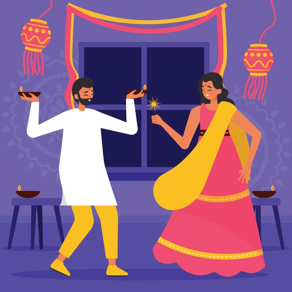 Indian Couple Celebrate Diwali at Home vector