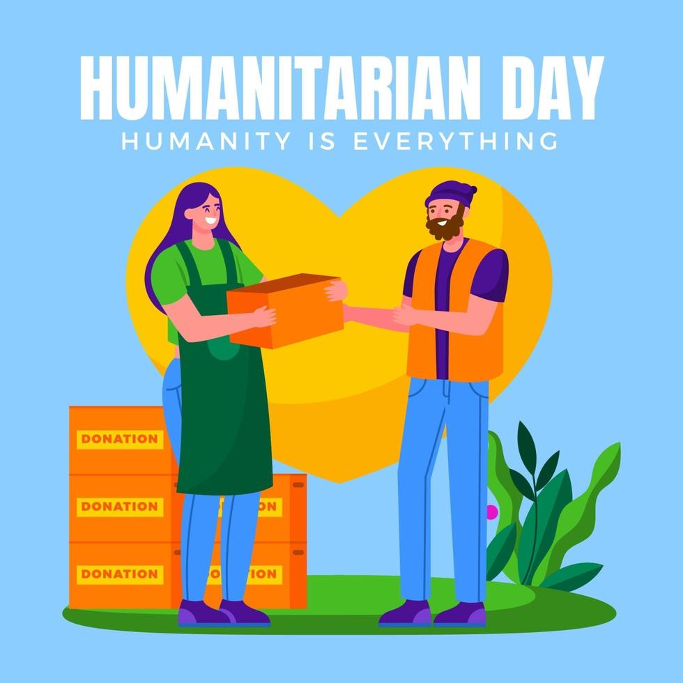 voluntario distribuye la donación el día humanitario vector