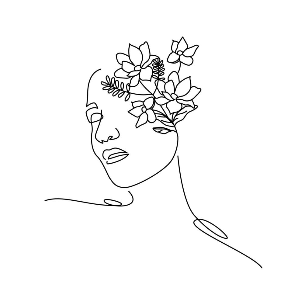 head women with bouquet flower in line art vector