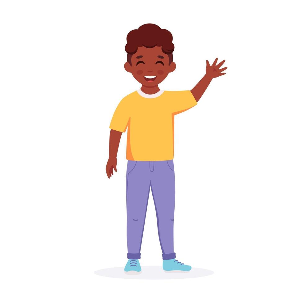 Little black boy smiling and waving hand. Greeting gesture. vector