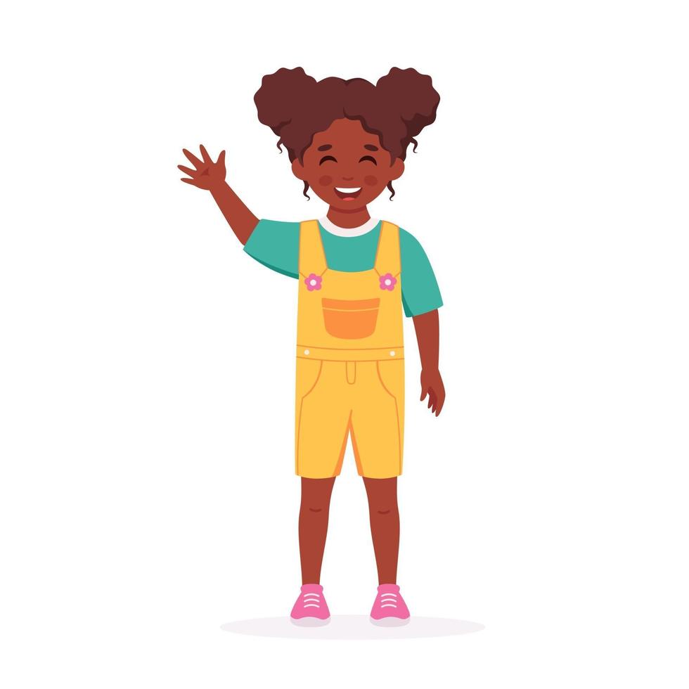 niña negra sonriendo y agitando la mano. gesto de saludo vector