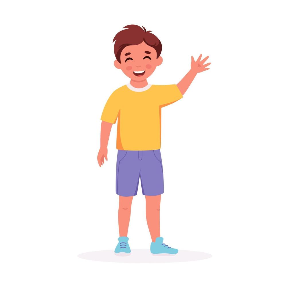 Little boy smiling and waving hand. Greeting gesture. vector