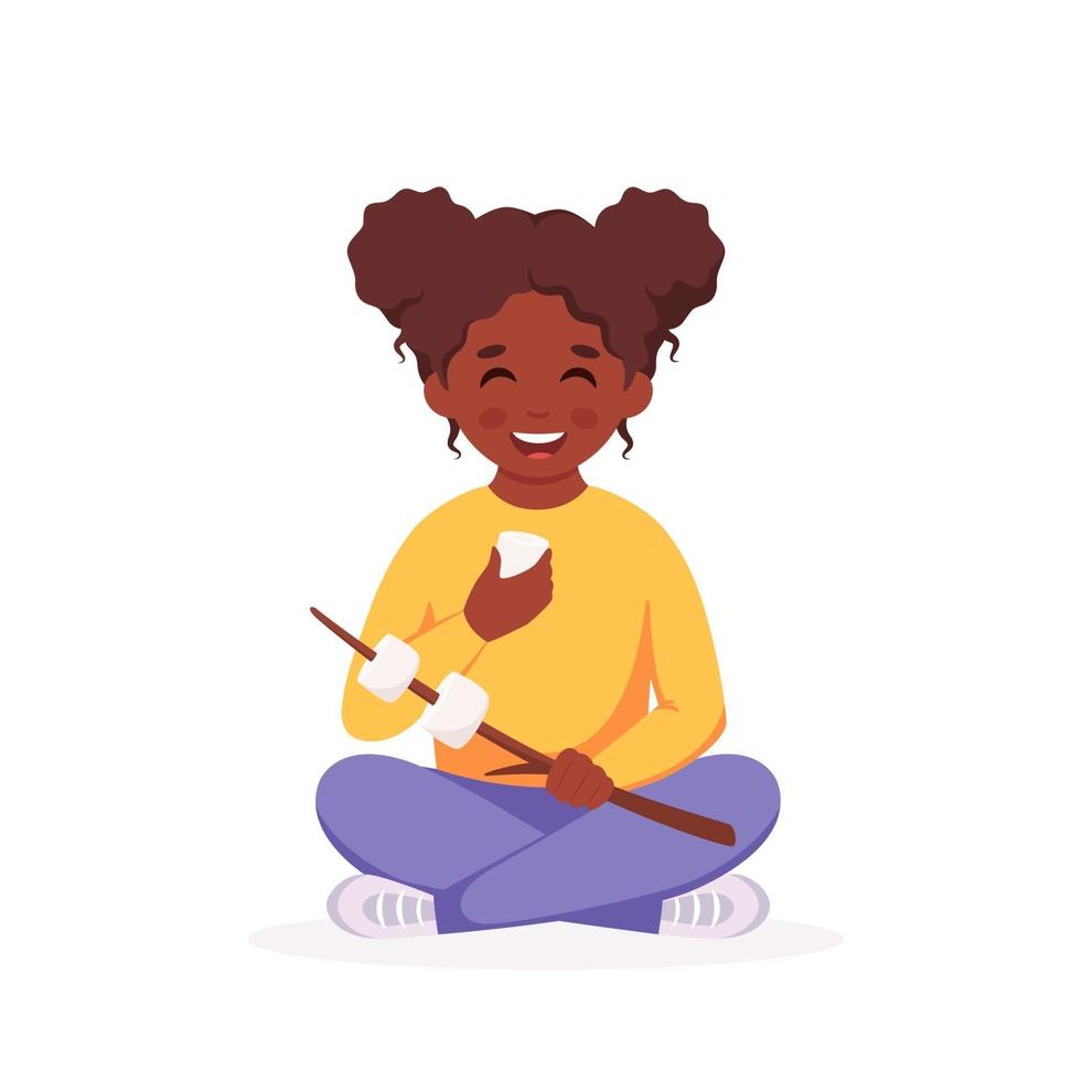 Black girl with marshmallow. Girl scout. Camping, summer kids camp vector