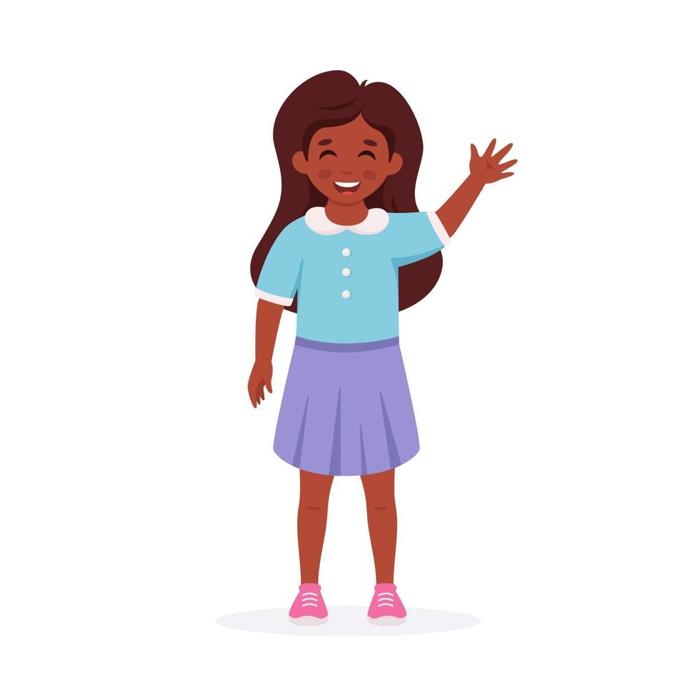 niña negra sonriendo y agitando la mano. gesto de saludo. vector