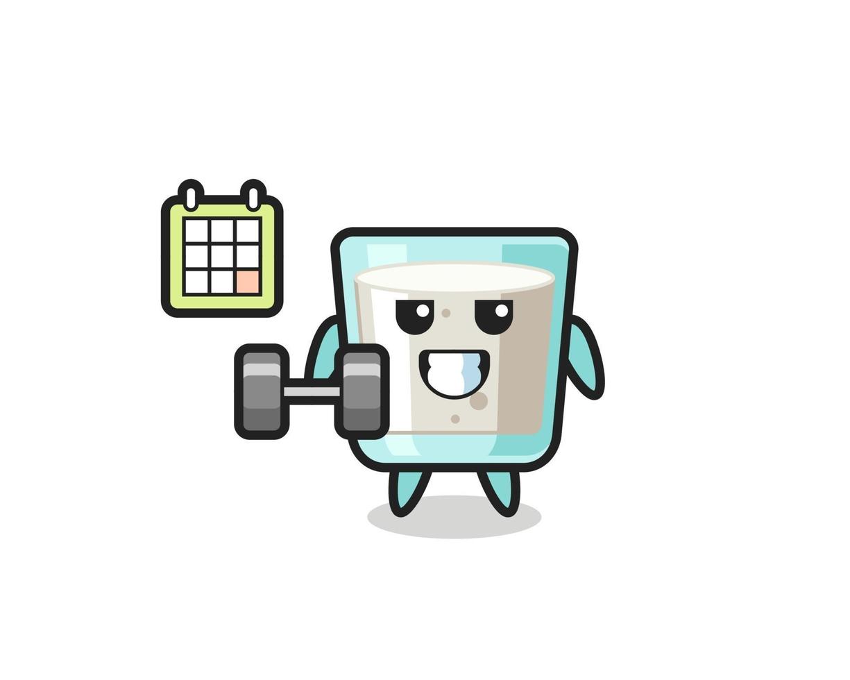 milk mascot cartoon doing fitness with dumbbell vector