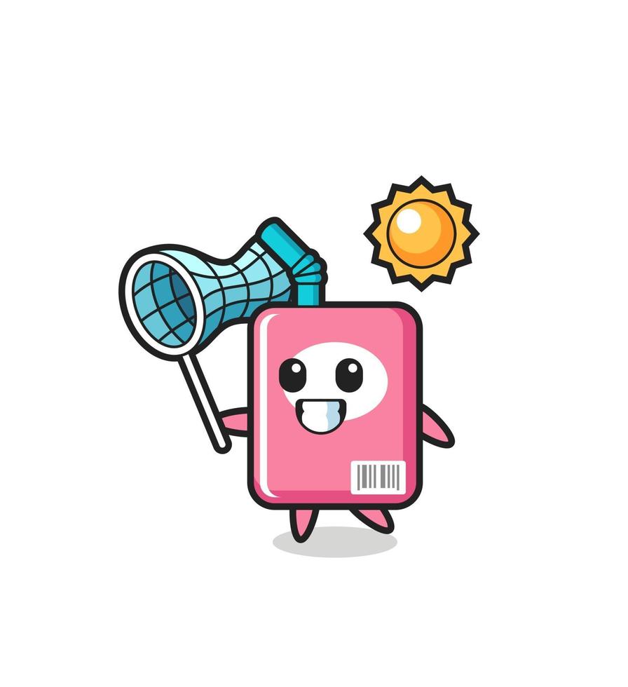 milk box mascot illustration is catching butterfly vector