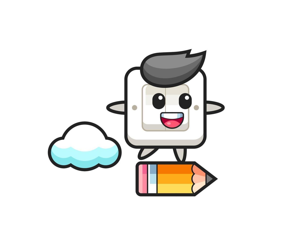 light switch mascot illustration riding on a giant pencil vector